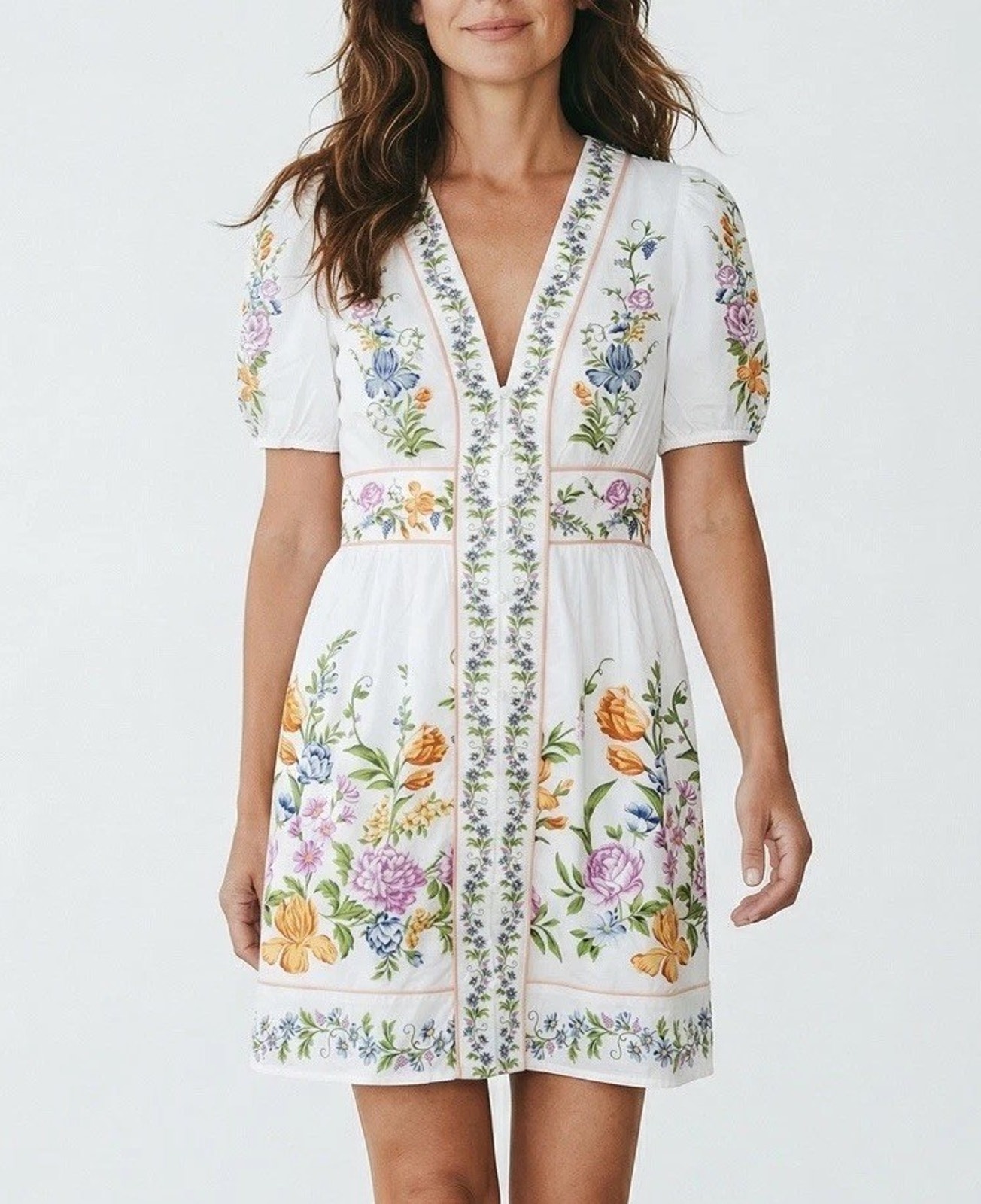 Calypso White Floral V-Neck Puff Sleeve Bordered Mini Dress Size M